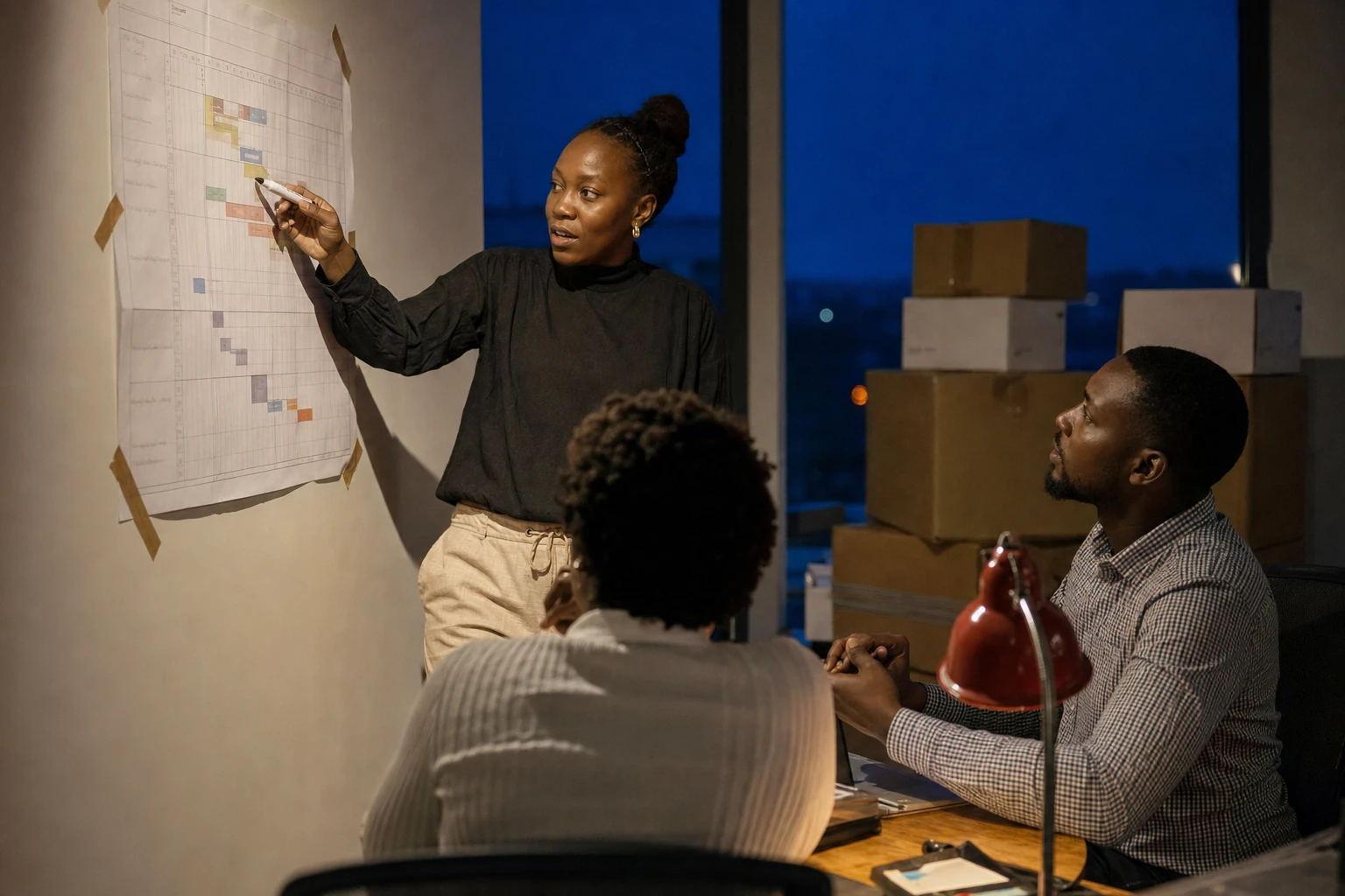 A project manager walking colleagues through a schedule on the wall