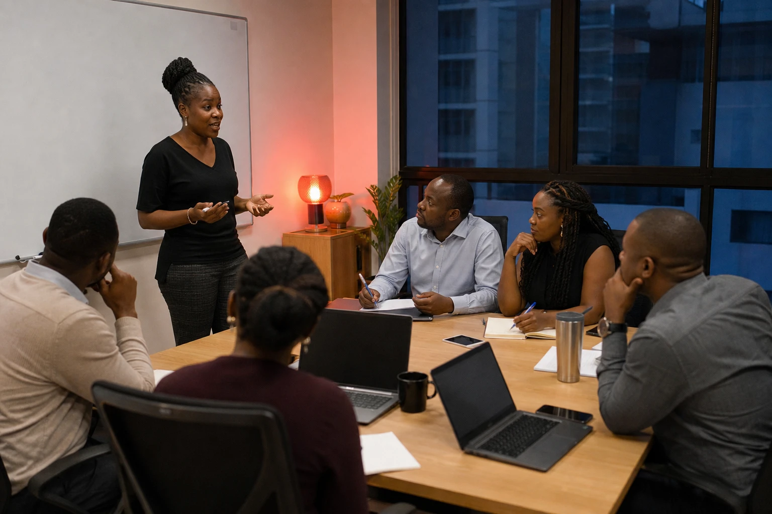 A trainer at a whiteboard with a small group of staff